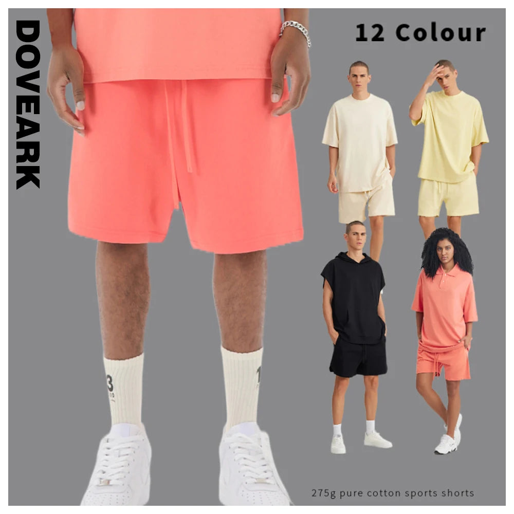 DOVEARK 100%Cotton 275G Customized Logo USA Size Washed Solid Summer Autumn Thin Drawstring Men's Pure Cotton Sports Shorts