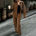 Enyami Fashion Boutique Trendy Solid Brown Long Sleeve Shirt Slit Pant Trousers Matching Suits Ladies 2 Piece Set with Buttons