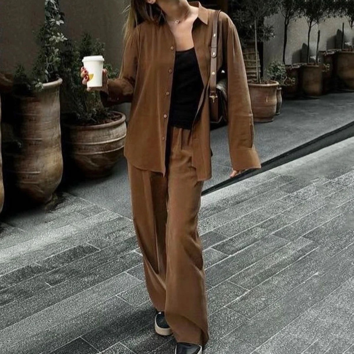 Enyami Fashion Boutique Trendy Solid Brown Long Sleeve Shirt Slit Pant Trousers Matching Suits Ladies 2 Piece Set with Buttons