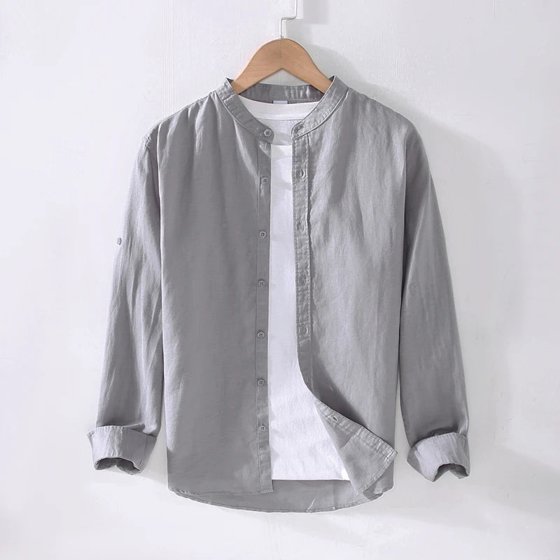 High Quality Men's Linen Shirts Breathable Casual Long Sleeve Stand Breathable for Spring Supply