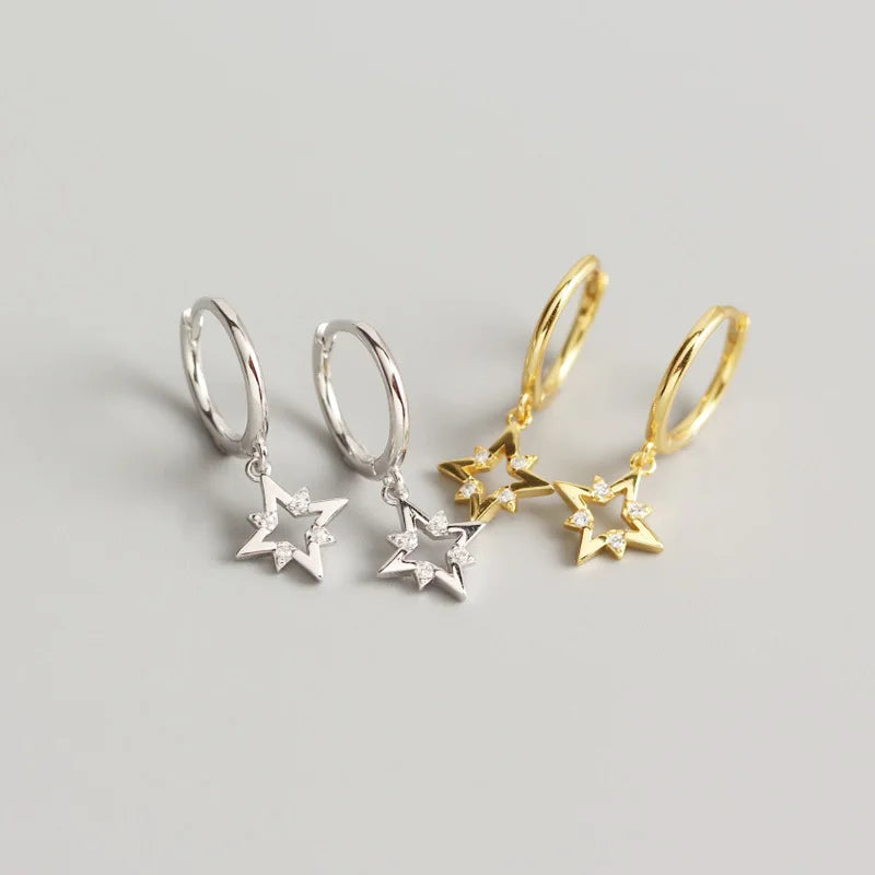 Fashion Star Earrings 925 Sterling Silver Hanging Cz Zircon Pave Star Hoop Earrings for Women