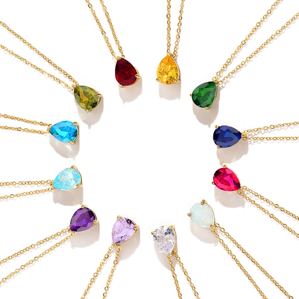 6*9mm Heart Birthstone Pendant Necklace 14K Gold Stainless Steel Link Chain Titanium Steel Colorful Zircon Heart Choker Necklace