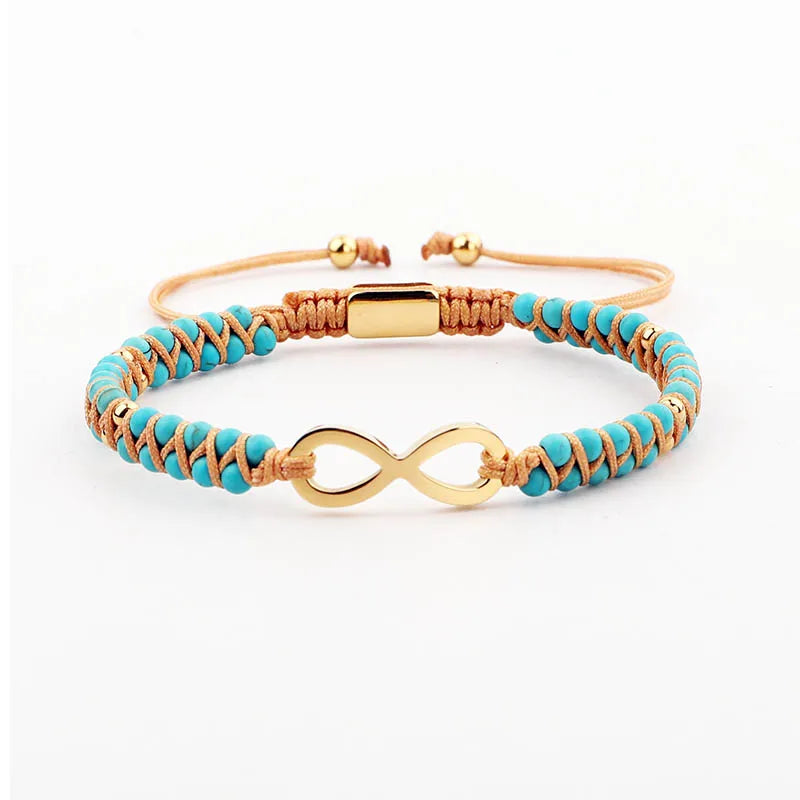 High Quality New Fashion Small Gemstone Turquoise Beads Stainless Steel Infinity Charm Woven Cord Custom Friendship Bracelet