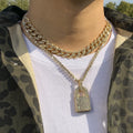 Hip Hop Men Full Crystal Thick Chain Cuban Tennis Punk Gold Plated Sparkling Iced Out CZ Miami Cuban Lock Pendant Necklace Set