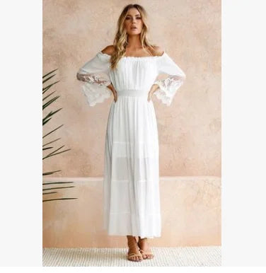 Casual Women Summer Loose Off Shoulder Dress Long Sleeve Polyester White Lace Dress