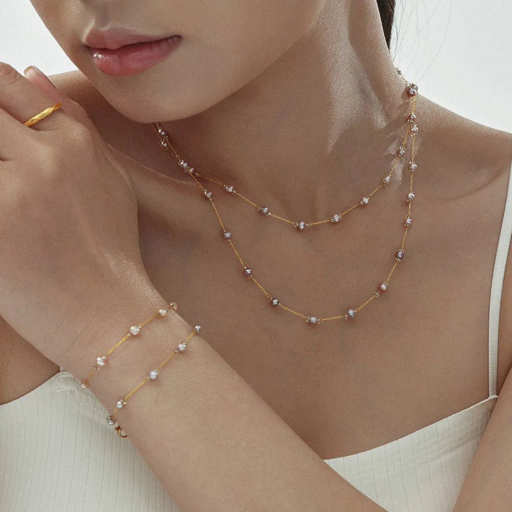 Waterproof Jewellery 18K Gold Plated Stainless Steel Necklace Bracelet Set with Freshwater Pearl Jewelry for Women