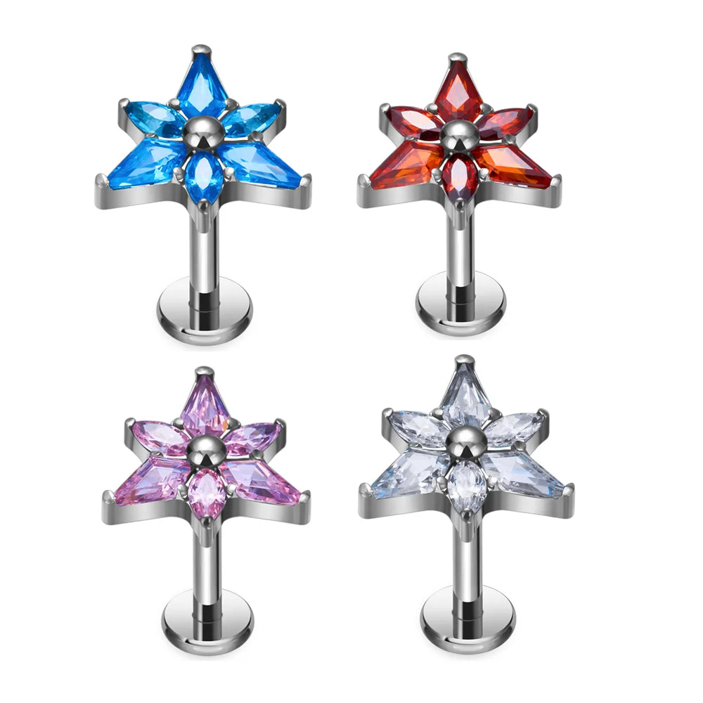 G23 ASTM F136 Titanium Star Shape Ear Stud Inlay Zircon 16G Clicker Shiny Punk Style Ear Tragus Conch Body Piercing Jewelry