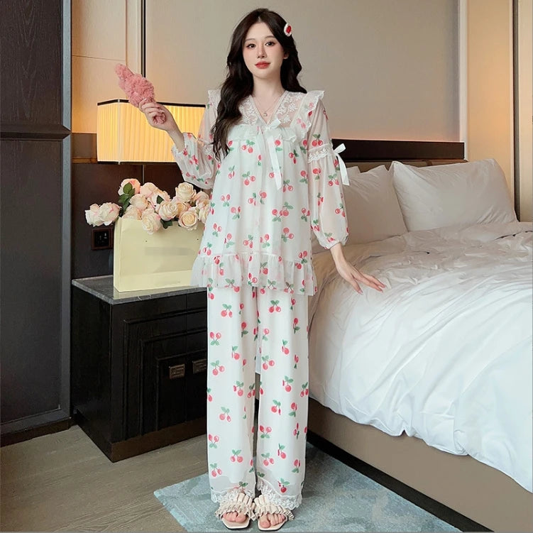 M-XXL Autumn Long Sleeved Pajamas Women's New Mesh Sweet Lace Princess Style Pants Set Home Fury