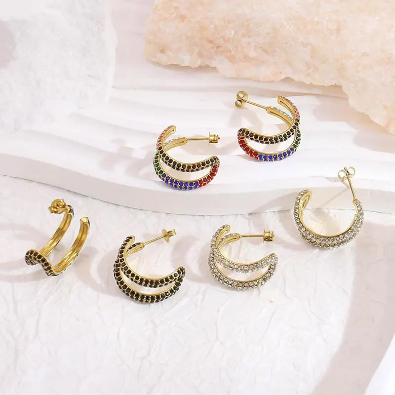 French Style U Shape Stainless Steel Opening Earrings Separate Hoop Earrings Temperament Micro-inlaid Color Diamond Earrings