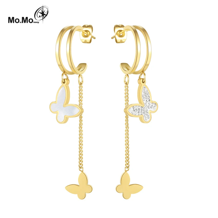Fashion Luxury Design 18K Gold Plated Stainless Steel Butterfly Tassel Earrings