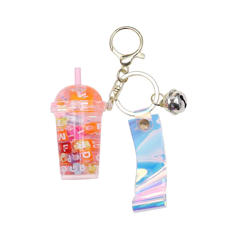 BSBH Creative Milk Tea Cup Shape Liquid Quicksand Cute Bubble Tea Keychain