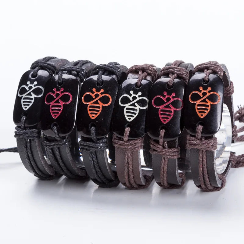 Manufacturer Honeybee Bees Genuine Leather Wrap Bracelets for Men Bee Charm Bracelet for Women