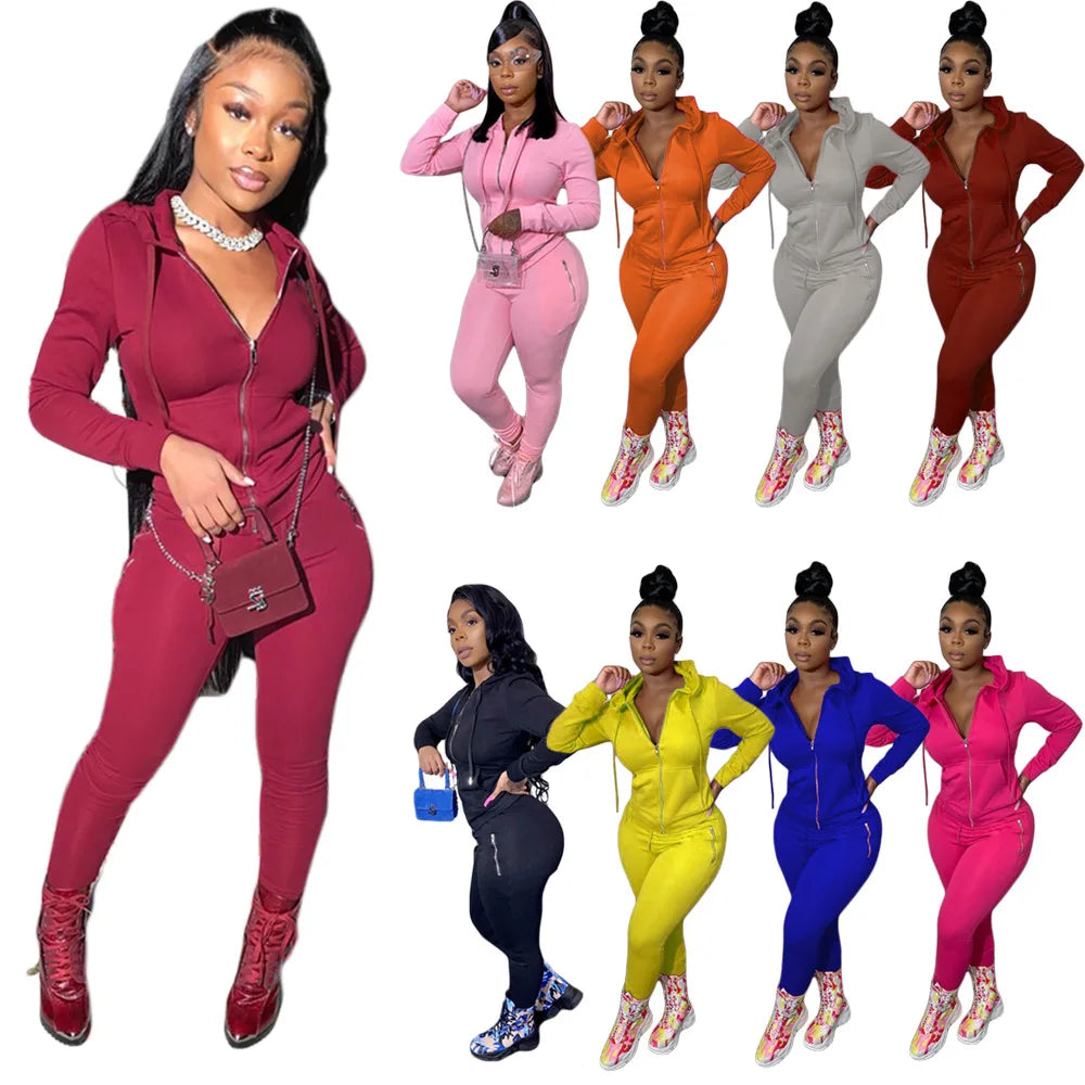 Womens Fleece 2 Piece Outfits Sweatsuit Crop Hooded Pullover Sweatshirt Top Straight Female Jogger Sweatpants Tracksuits Set