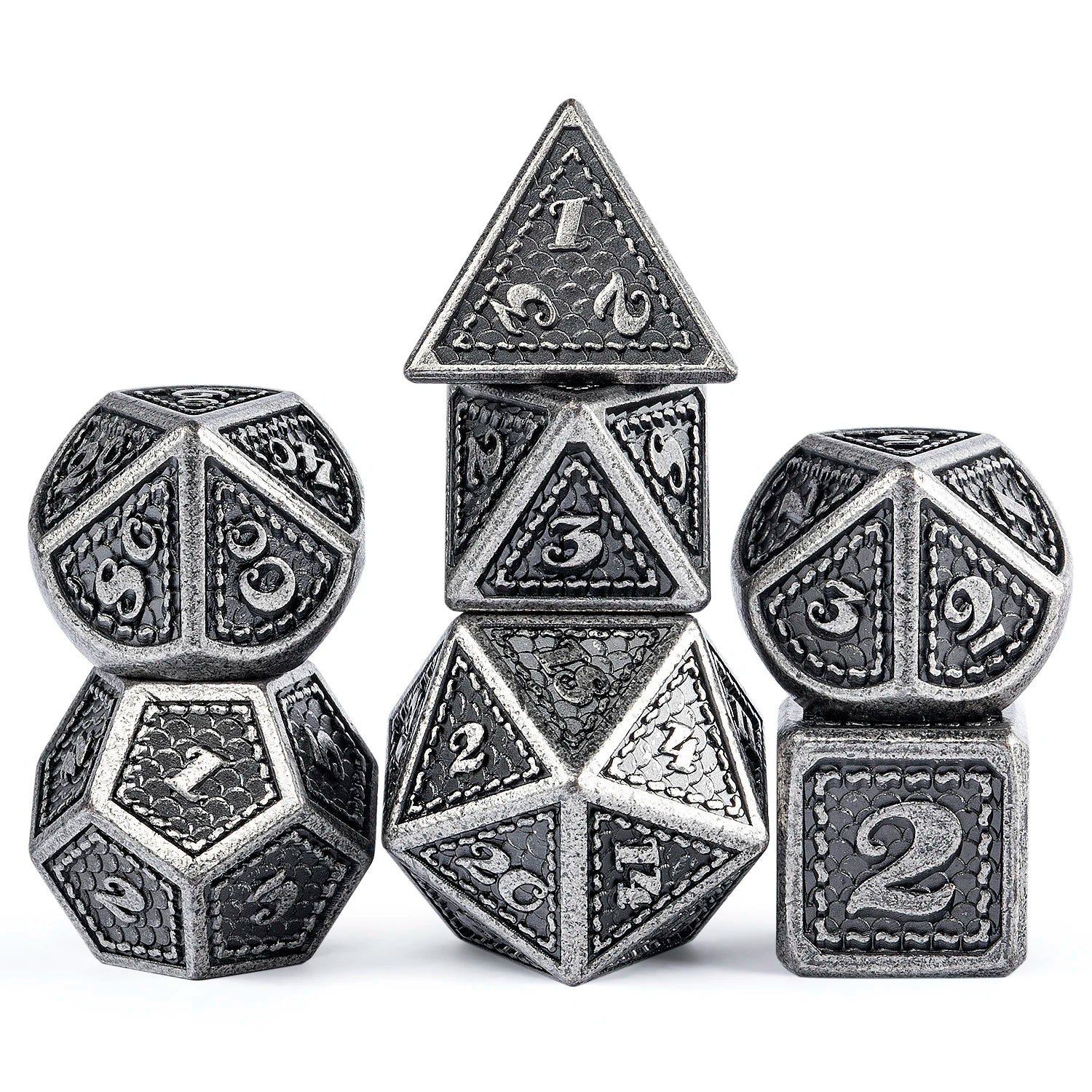 Factory Wholesale Ancient Silver Edge 7 Pieces Polyhedral Metallic Die Dungeons Dragons D&D Dragon Scale 16mm Dice Set