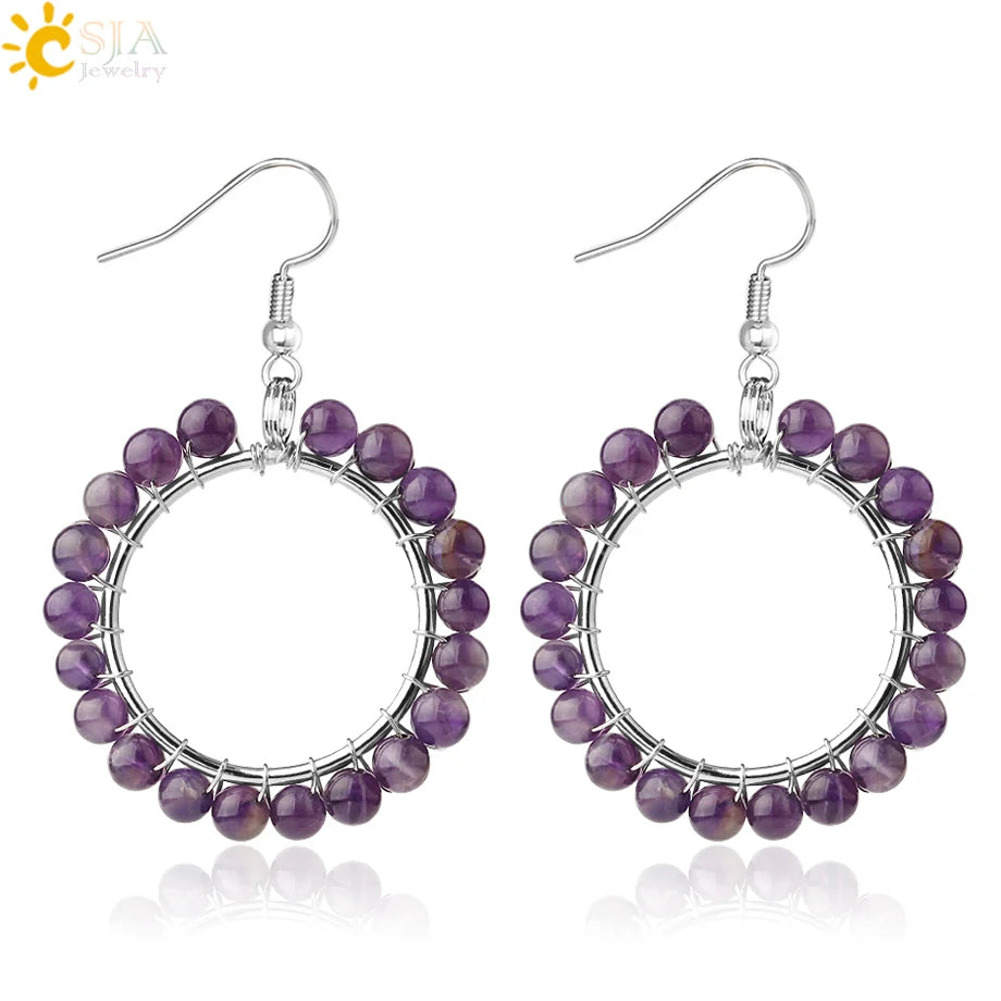 CSJA Hot Natural Crystal Drop Earring Handmade Wire Wrapped Stone Bead Circle Dangle Earrings for Women G572