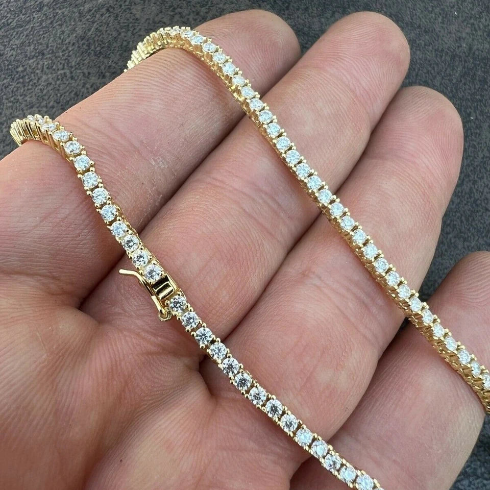 Luster Jewelry Hiphop Bling  Sterling Silver 925 Gold Plated Moissanite Diamond 2mm Tennis Necklace for Men