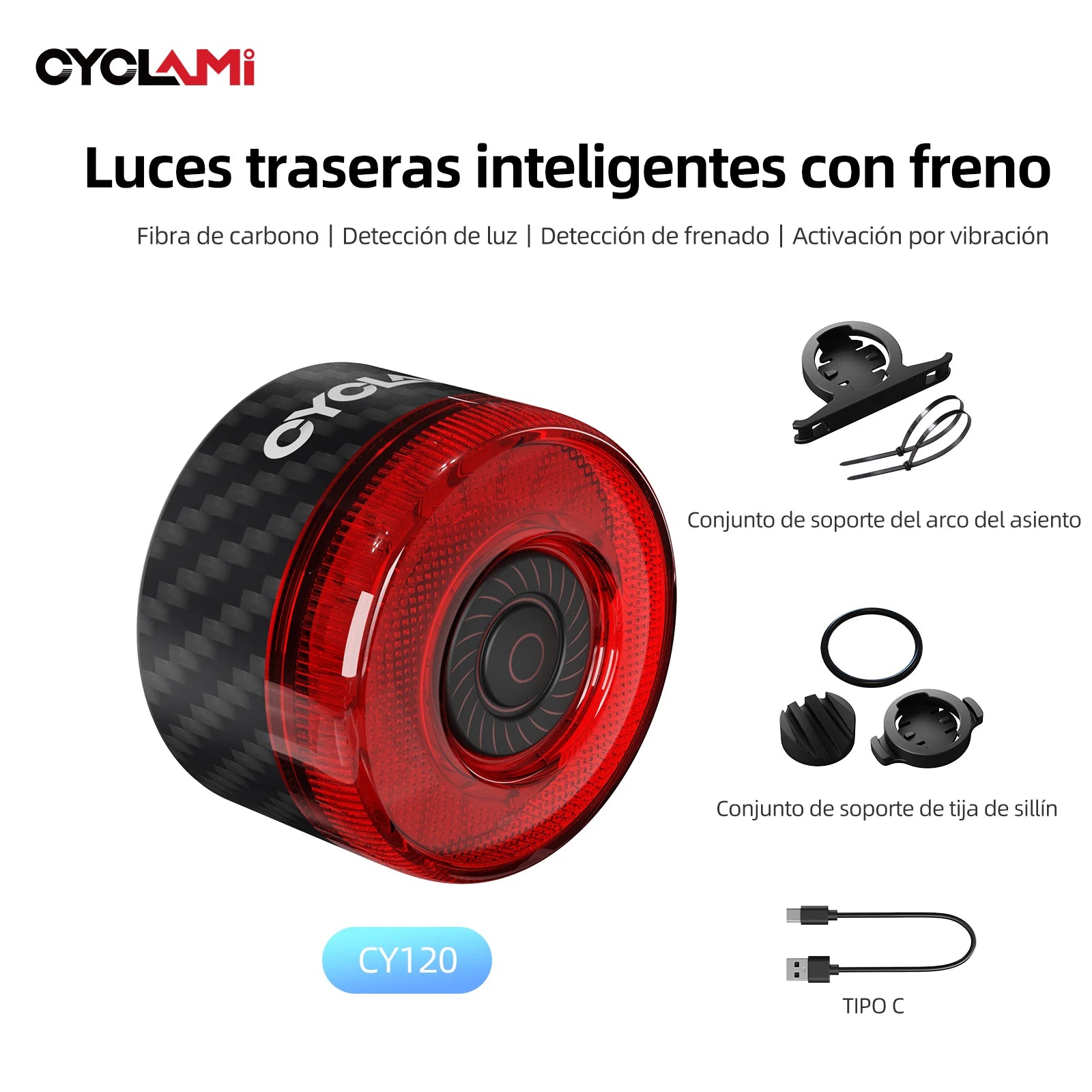 CYCLAMi CY120 Smart Bike Tail Light with Brake & Vibration Sensor 6 Modes 40H Battery IP65 27g Lightweight