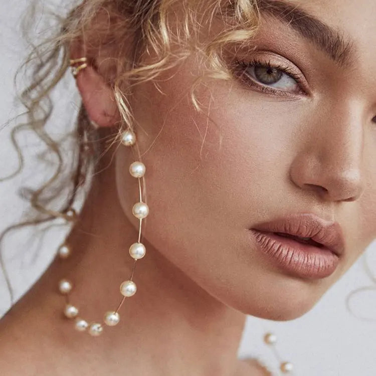 Hot Selling Gold Plated Big Circle Pearl Earrings Ladies Europe America Exaggerated 12cm Large Pearl Hoop Earrings for Women