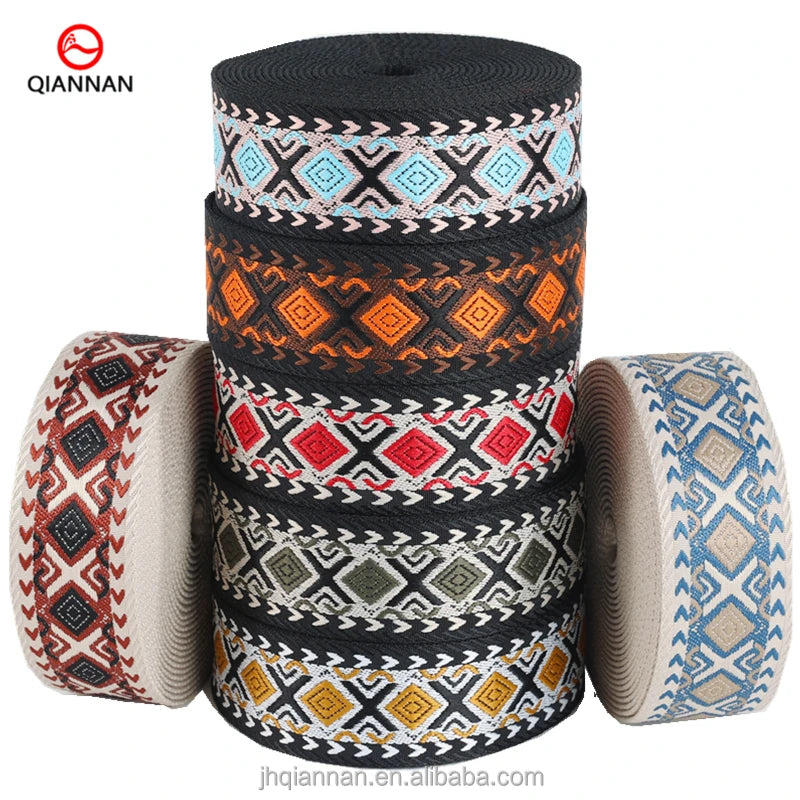38mm 50mm High Tenacity 100% Polyester Ethnic Style Jacquard Ribbon Bag Shoulder Belt Pet Webbing Shoes Hat Decoration