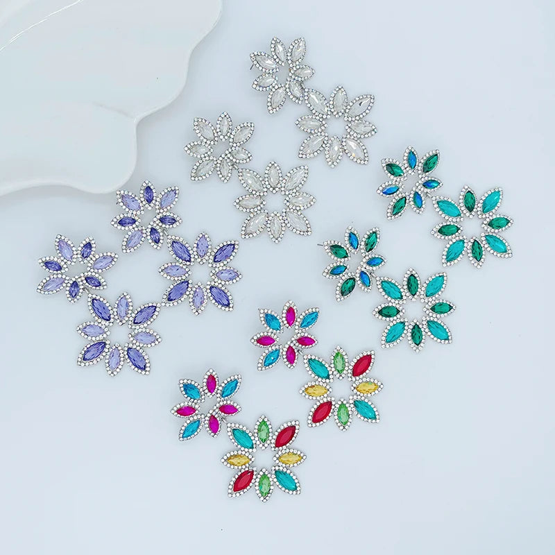 Statement Hollow Crystal Floral Women Earrings Colorful Rhinestone Flower Earrings Luxury Jewelry