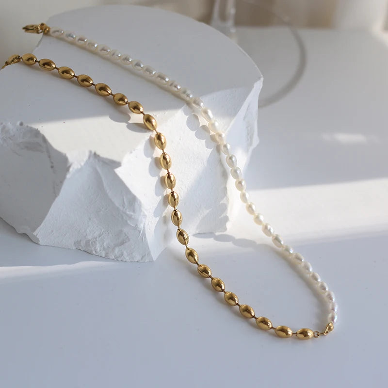 Fashion Stainless Steel Beads Irregular Natural Freshwater Pearl Necklace
