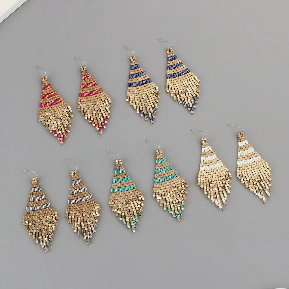 Bohemian Trendy Square Seed Beads Dangle Huggie Earrings for Women Polychromatic Rhombus Fringed Design