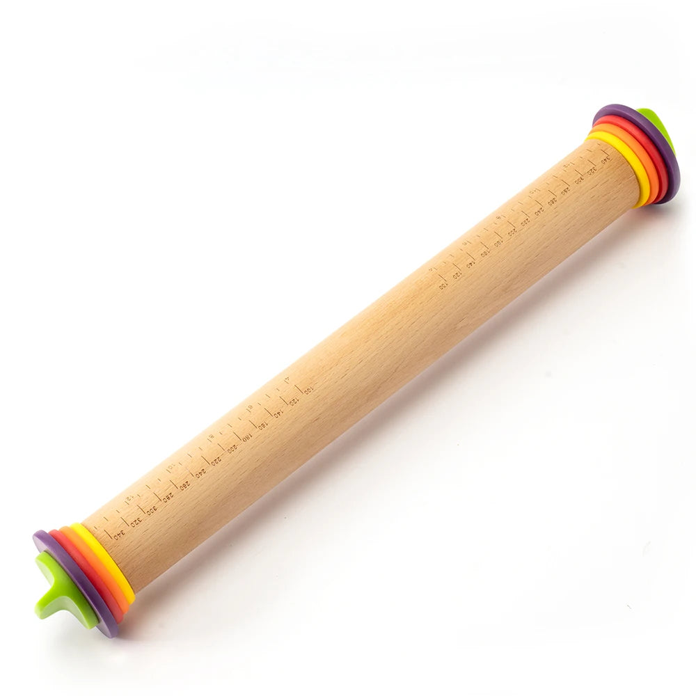 Adjustable Beech Wooden Rolling Pin 4 Thickness Rings for Baking Fondant Pizza Pie Crust Cookie Pastry Dough Dough Roller Rod