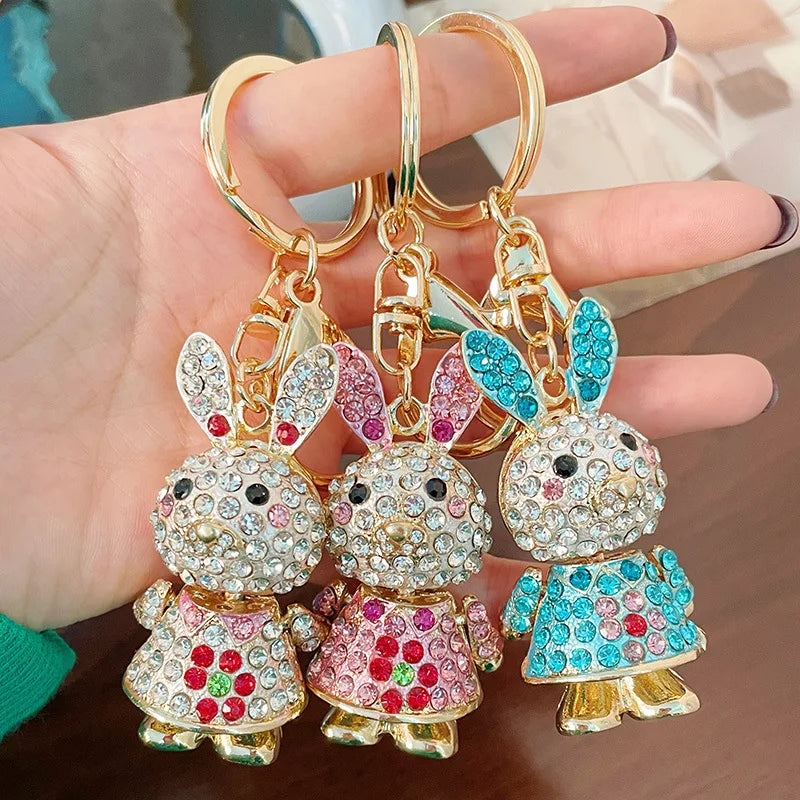 Lovely Diamond Crystal Animal Cartoon Rabbit Keyring Colored Rhinestone Rabbit Pendant Car Keychain