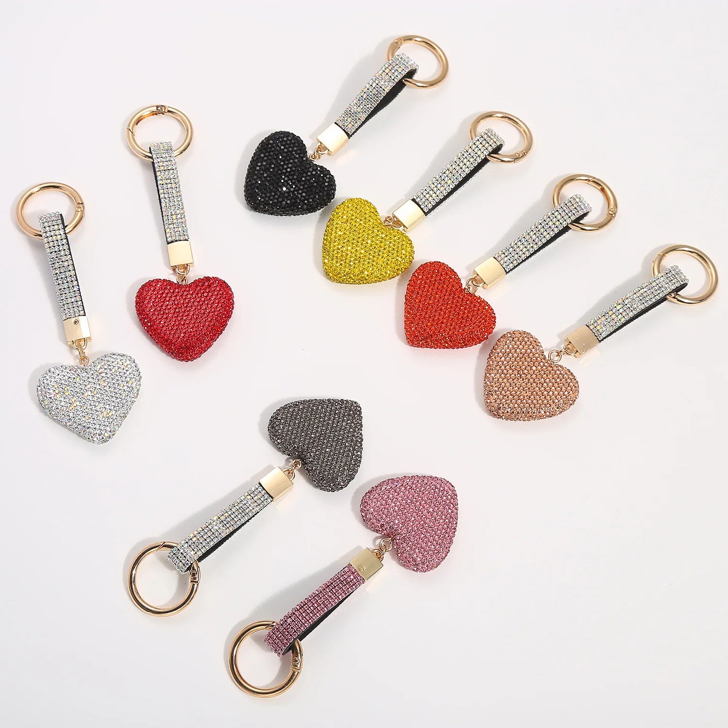 New Design Cute Heart Shape Keychain Accessories Full Diamond Colored Rhinestone Heart Schoolbag Car Keychain