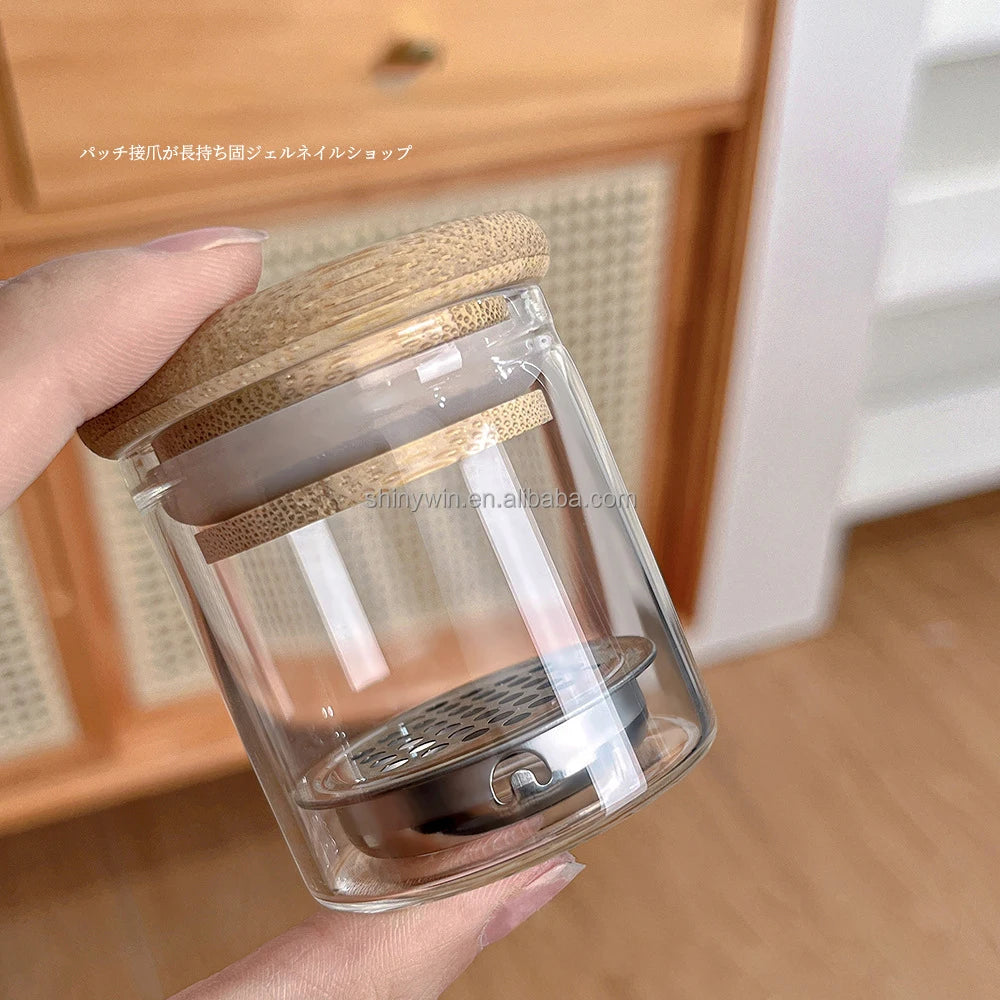 NEW Transparent Glass Manicure Tools Cleaning Brush Liquid Container Filter Nail Art Dish Dappen