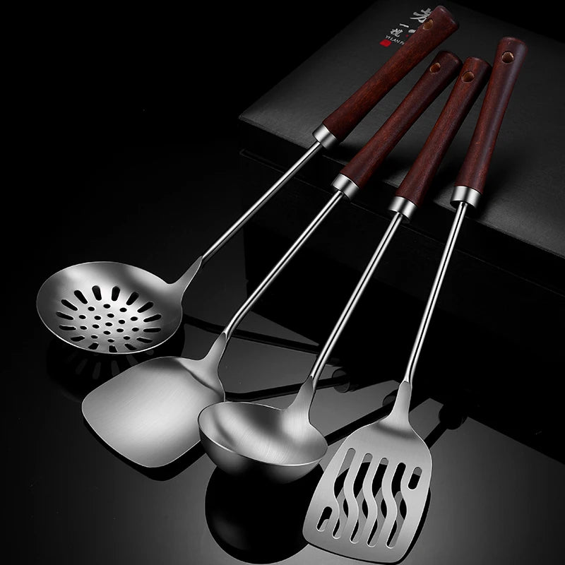 Stainless Steel Spatula Soup Spoon Wooden Handle Kitchen Utensil Set Appliances Kitchen Tools