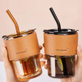 Modern Design Travel Milk Coffee Straw Drinking Tumbler Cup Reusable Clear Borosilicate Glass Mugs with Leather  Sleeve