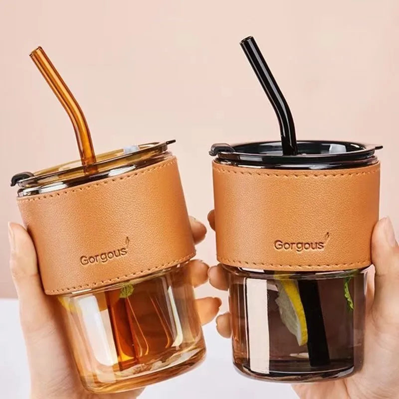 Modern Design Travel Milk Coffee Straw Drinking Tumbler Cup Reusable Clear Borosilicate Glass Mugs with Leather  Sleeve