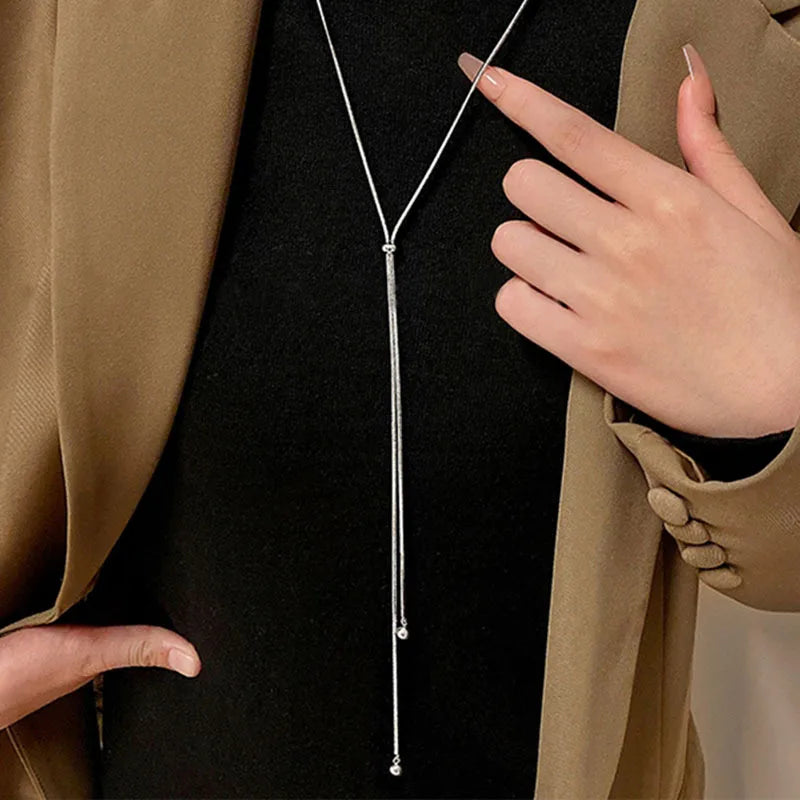 Women's Stainless Steel Necklace Long Tassel Snake Bone Chain Fashionable Geometric Beads Simple Adjusting Long Sweater Chain
