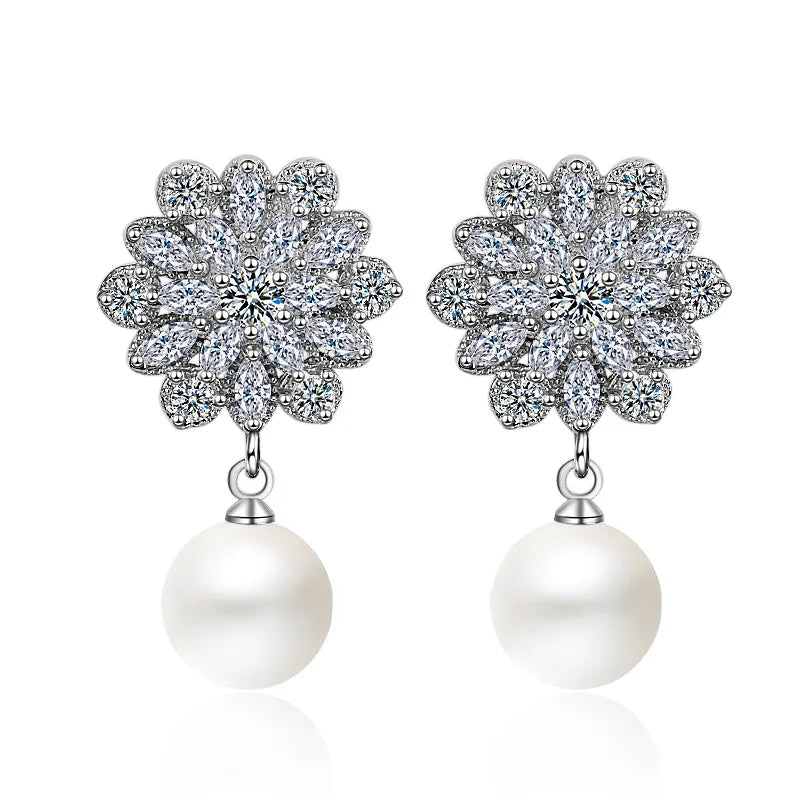 Chic Romantic AAA Cubic Zircon Imitation Pearl Flower Stud Earrings for Women Party Fashion Elegant Bridal Wedding Jewelry
