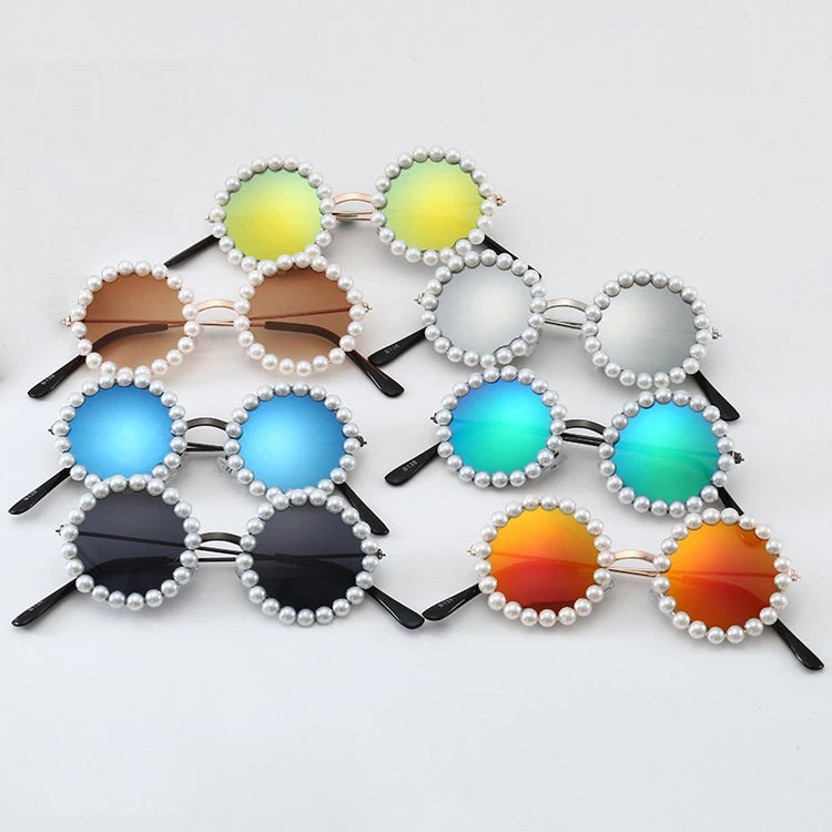 Trendy uv Protection Fashion Round Metal Design Children Kids Custom Pearls Sunglasses