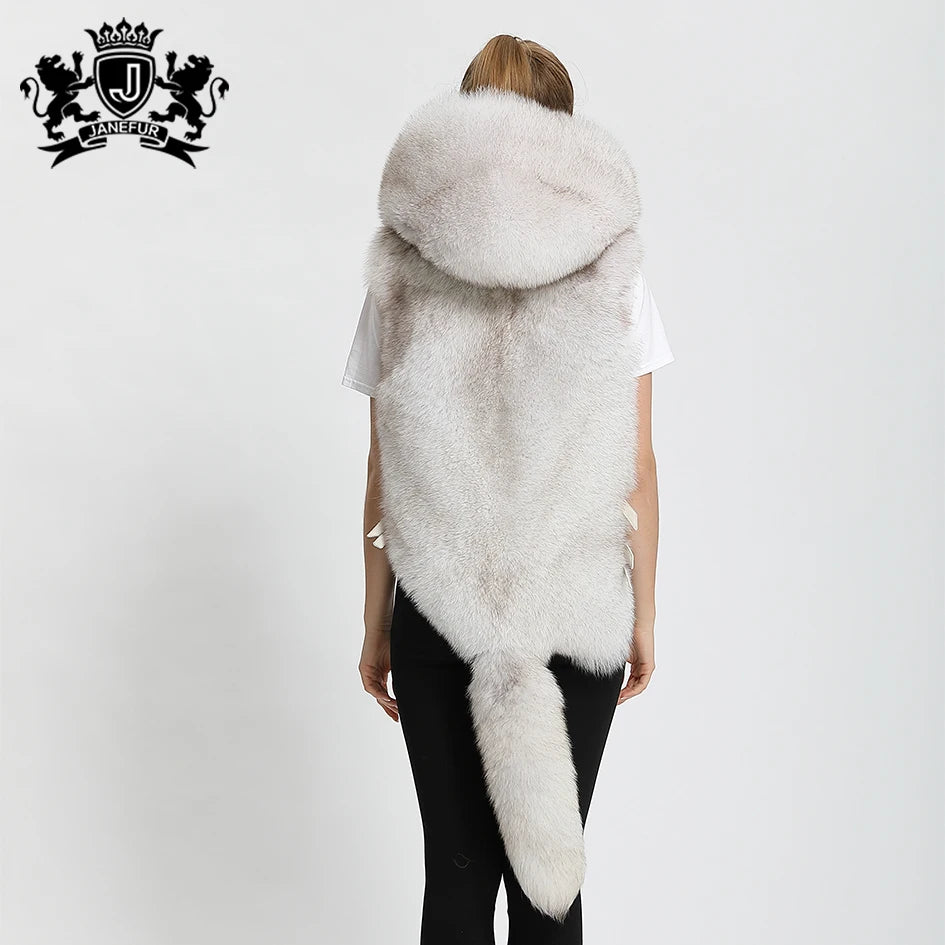 Janefur Genuine Fur Vest Hooded Real Fox Fur Vest for Women Winter Thick Warm Fur Gilet Wholesale Lady Waistcoat With Fox Tail