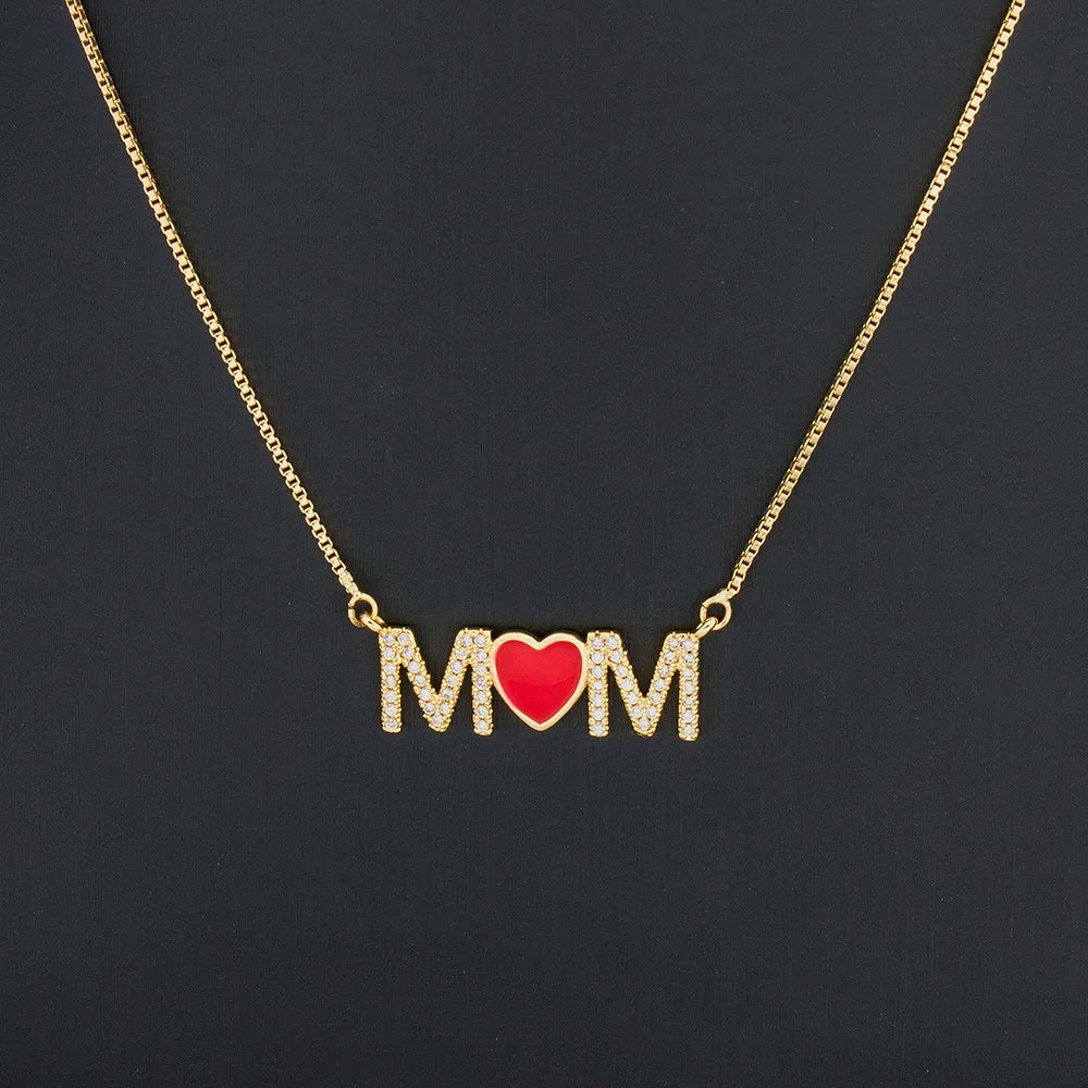 QIKU Romance Letter MOM Red Heart Necklace Women Accessories Pendant Copper Zircon Charm Jewelry Mother's Day Gift Dropshipping
