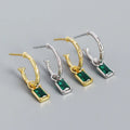 Elegant 18K Gold Plated 925 Sterling Silver CZ Emerald Drop Earrings Green Crystal Pendant Bamboo Hoop Earrings