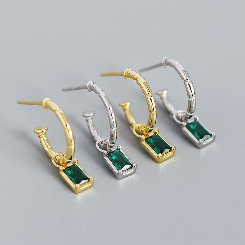Elegant 18K Gold Plated 925 Sterling Silver CZ Emerald Drop Earrings Green Crystal Pendant Bamboo Hoop Earrings