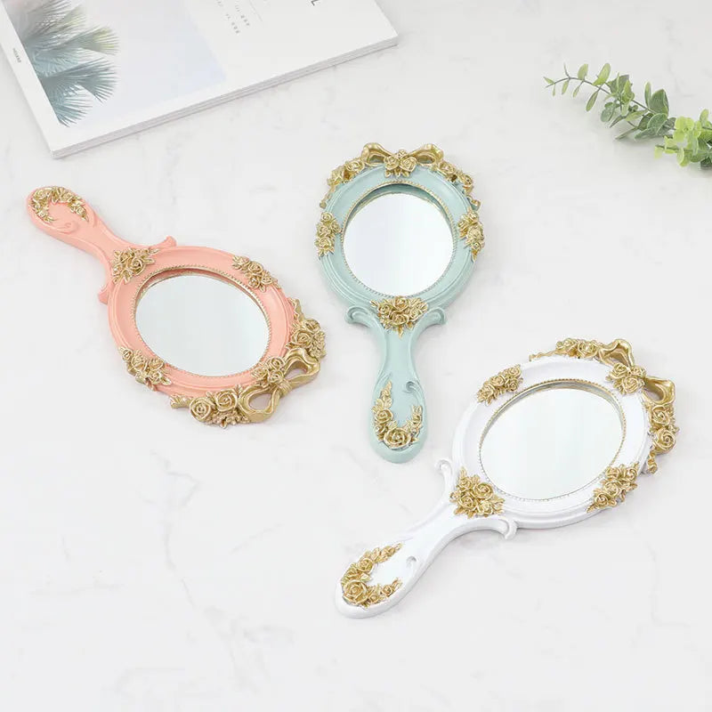 European Princess Cosmetic Resin Portable Small Retro Bow Handle Mirror