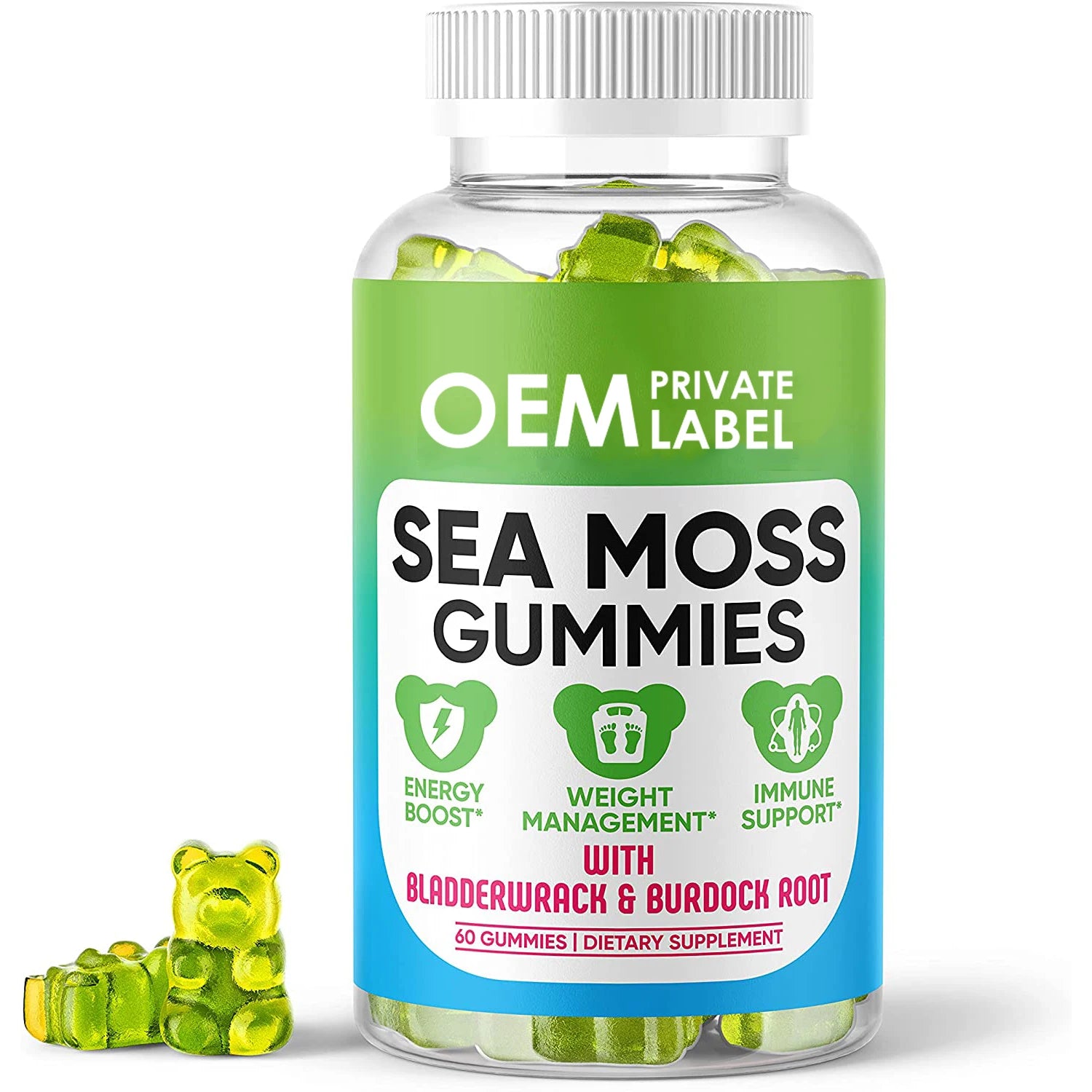 OEM 3000Mg Sea Moss Gummies Vegan Organic Bladderwrack Vitamin 60 Gummy Candy Immune Support for Adults Women & Men Newborn