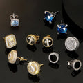 Hip Hop Stud Earrings Set Round Crystal Zircon CZ Diamond Black Gold Plated 925 Sterling Silver Studs Earring