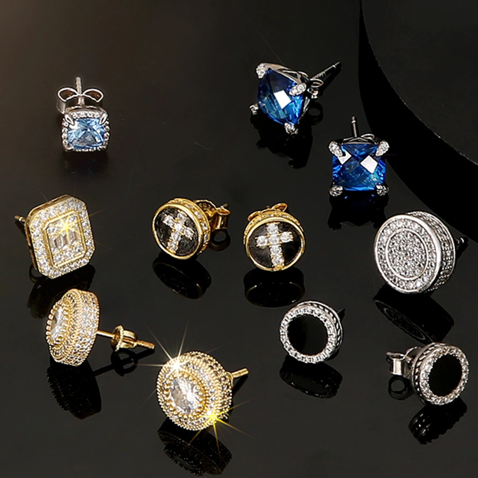 Hip Hop Stud Earrings Set Round Crystal Zircon CZ Diamond Black Gold Plated 925 Sterling Silver Studs Earring