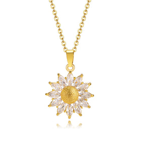 Fashion Jewelry Stainless Steel Personalized 18K Gold Plated Romantic Sun Flower Zircon Pendant Necklace for Women Anniversary
