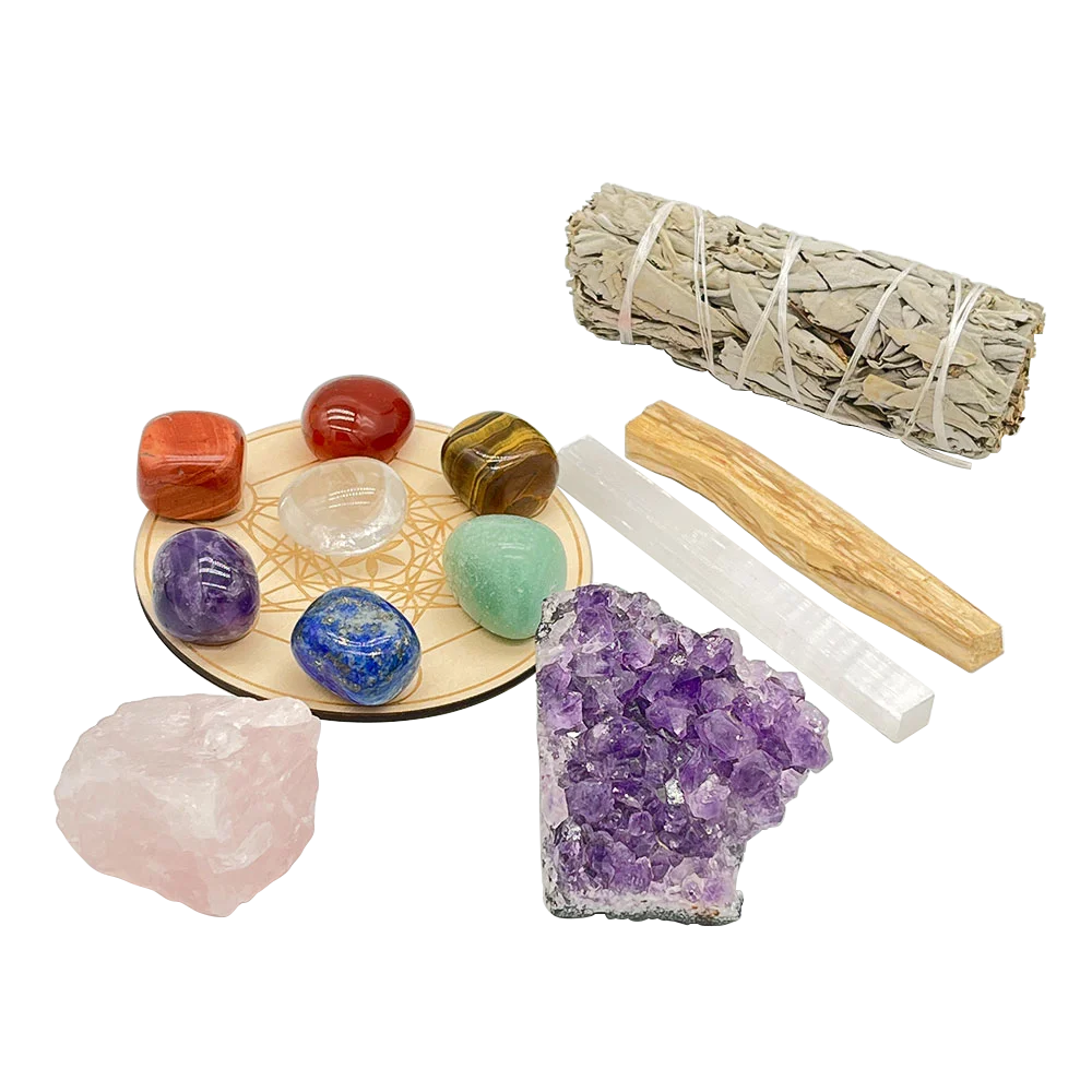 13pcs Crystal Healing Sage Smudge Kit Polished Rose Quartz Amethyst Cluster 7 Chakra Stones Palo Santo Sticks Selenite Tower