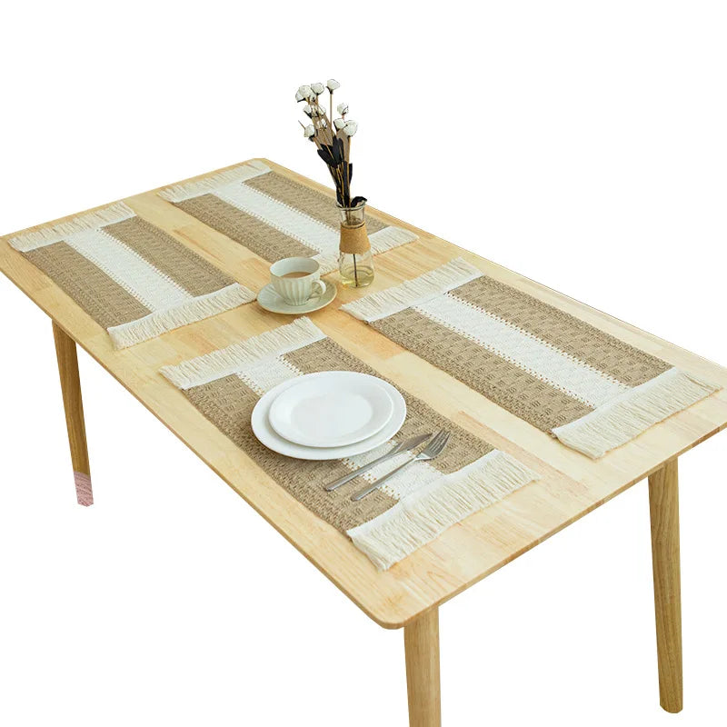 Eco-Friendly Cotton Linen Tableware Mats Set New Wholesale Woven Color Block Striped Tassel Bowl Mats Home Decorations