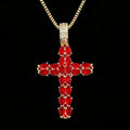 Religious Statement Necklace Gold-Tone Brass Cross Pendant with Red Cubic Zirconia for Christian Women Daily Layering