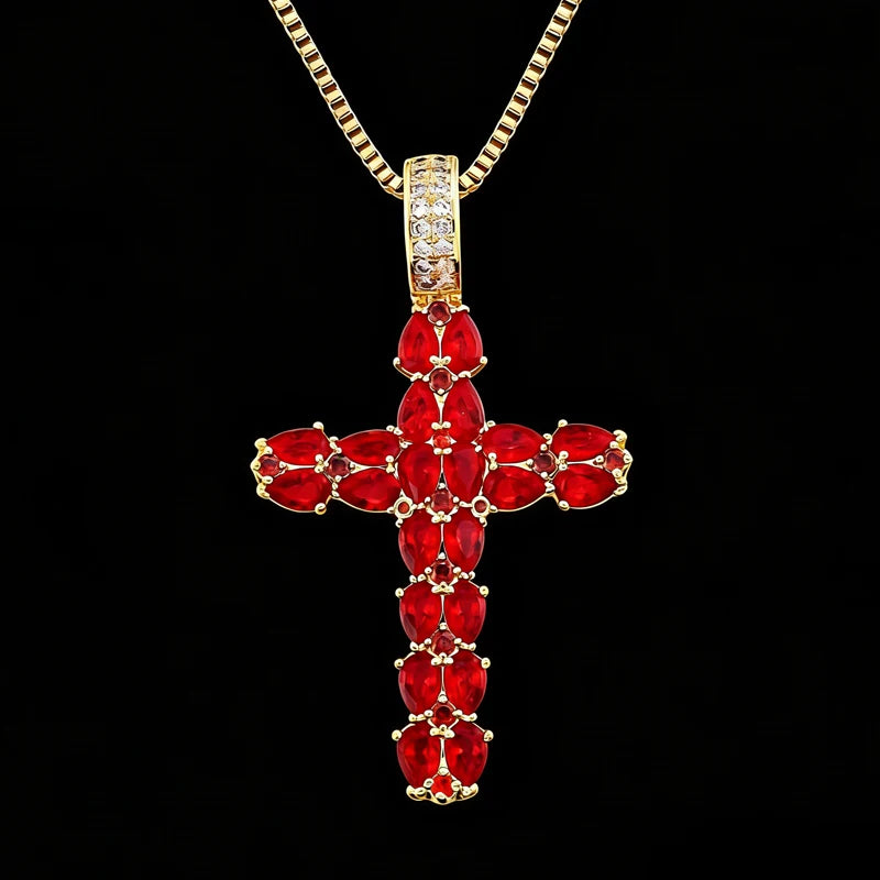 Religious Statement Necklace Gold-Tone Brass Cross Pendant with Red Cubic Zirconia for Christian Women Daily Layering
