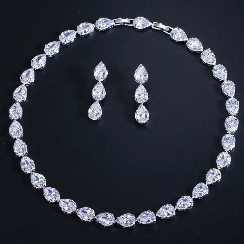 Super Shiny Cubic Zirconia Waterdrop Shape Tennis Necklace and Earrings Jewelry Set  for Women Wedding Bridal Luxury Jewellery
